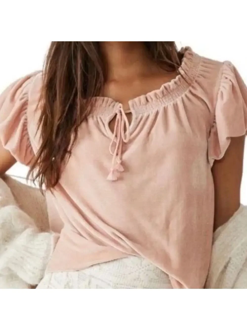 Free People Terese Puff Sleeve Velvet Top Blush Pink/Peach Size M NWOT